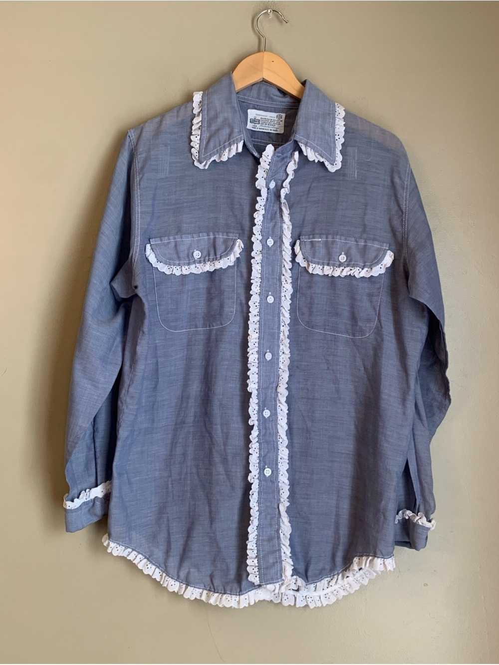 Sears Vtg Shirt Blue Chambray Lace Eyelet Denim Western Ranch Cowgirl Prairie M
